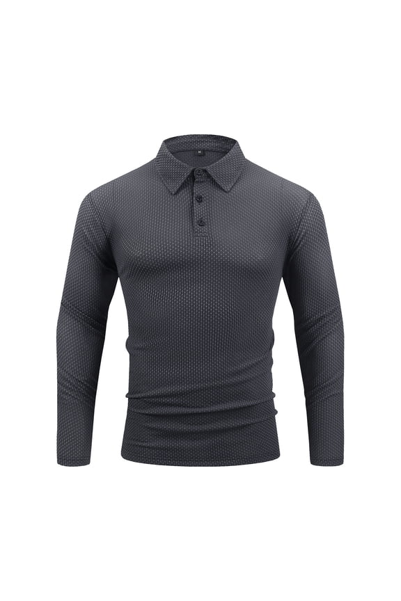 Mens Long Sleeve Textured Polo Shirts Casual Fall Button Neckline Lapel Collar Pullover Sweater Tops Trendy Solid Color Basic Workout Tees Sweatshirt Dark Gray XXXL