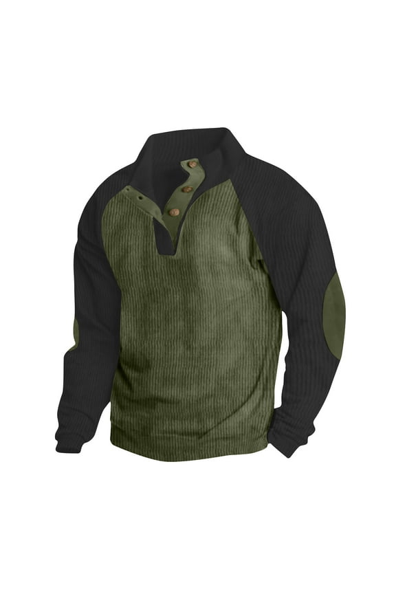 Mens Long Sleeve Waffle Shirt 1/4 Button up Corduroy Lapel Collar Pullover Sweatshirts Fall Spring Lightweight Western Tops Elbow Patches Sweater Army Green S