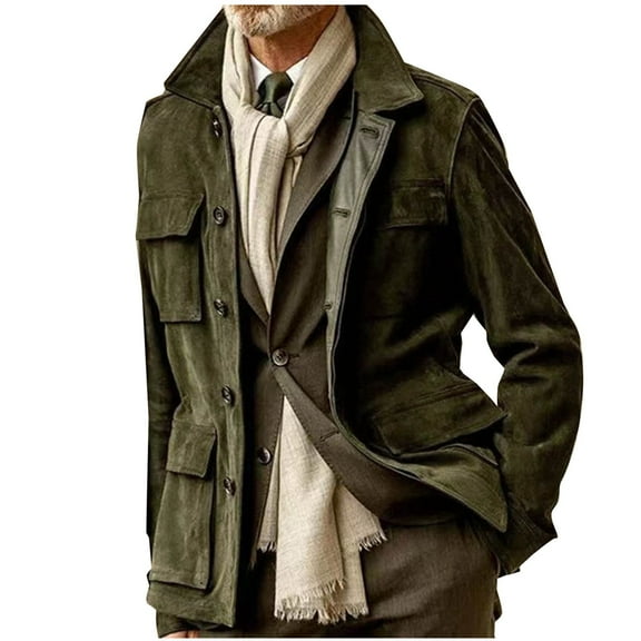 ZCFZJW Mens Military Lapel Collar Jackets Casual Solid Color Long Sleeve Single Breasted Long Coat Outwear Tops with Multi-Big Pockets Army Green XXL