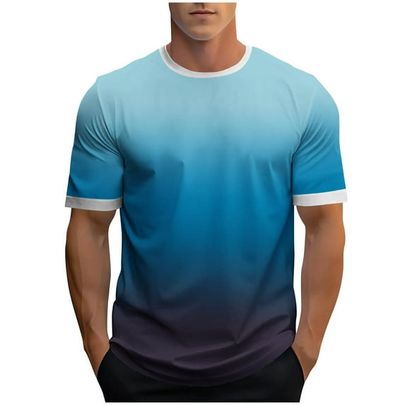 ZCFZJW Mens Ombre Shirts Casual Summer Short Sleeve Gradient Color Print Crewneck Basic Workout T-Shirts Loose Soft Cotton Pullover Tops Light Blue XXXL