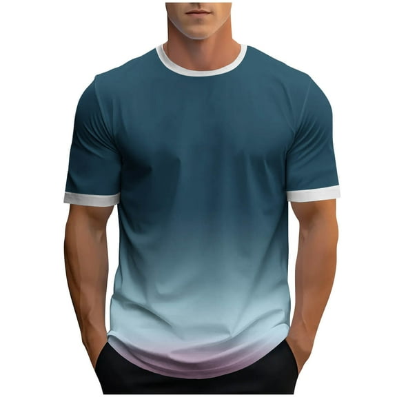 ZCFZJW Mens Ombre Shirts Casual Summer Short Sleeve Gradient Color Print Crewneck Basic Workout T-Shirts Loose Soft Cotton Pullover Tops Navy L