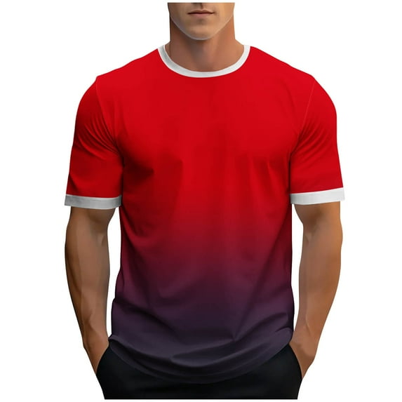 ZCFZJW Mens Ombre Shirts Casual Summer Short Sleeve Gradient Color Print Crewneck Basic Workout T-Shirts Loose Soft Cotton Pullover Tops Red M