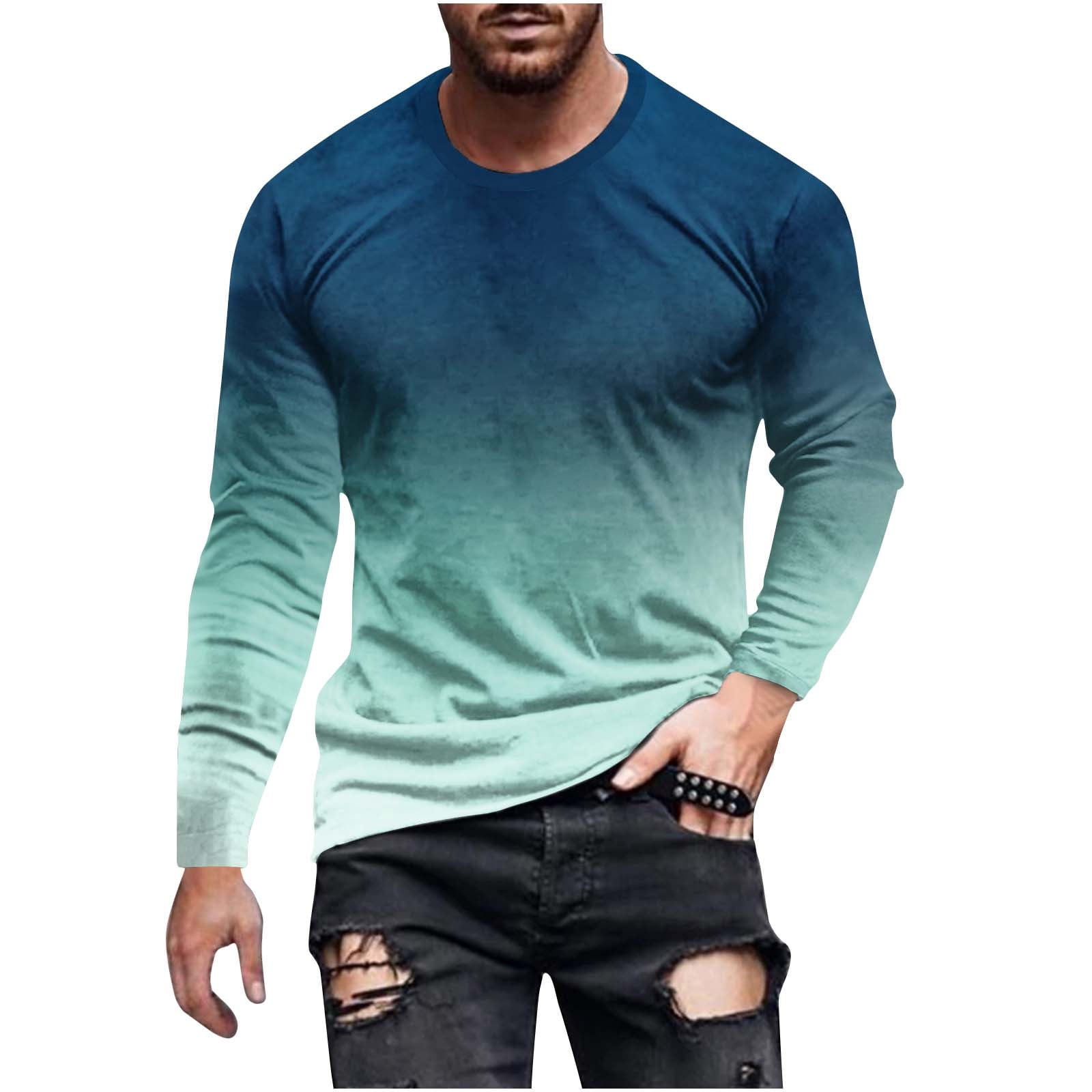 ZCFZJW Mens Ombre T-Shirts Casual Gradient Color Printed Long Sleeve Round  Neck Graphic Pullover Tops Loose Regular Fit Cotton Fall Sweatshirts Blue L  