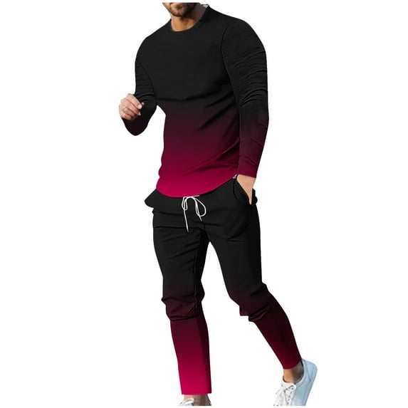 ZCFZJW Mens Ombre Two Piece Sweat Suit Outfit Big and Tall Regular Fit Casual Tie Dye Gradient Print Long Sleeve Crewneck Pullover Sweatshirt and Drawstring Sweatpants Set Hot Pink M