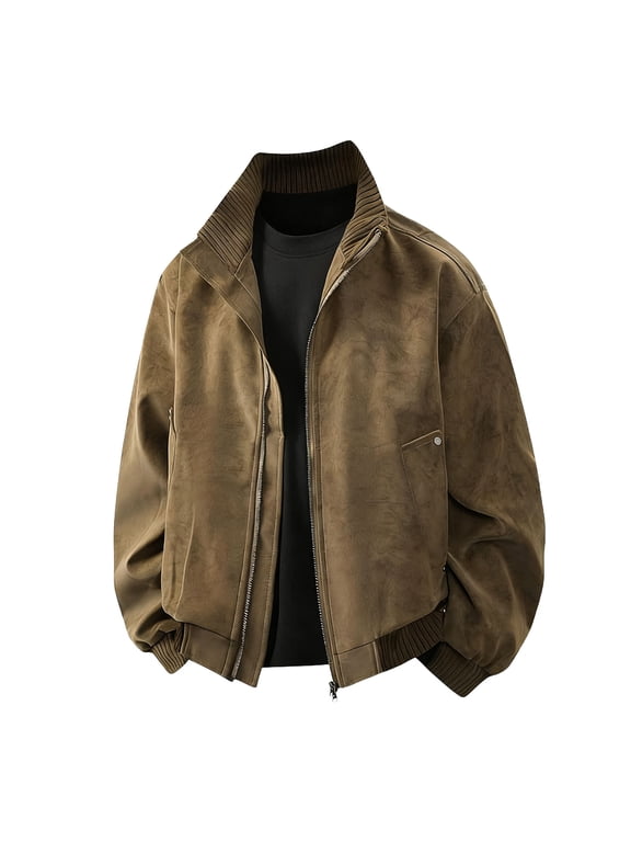 Mens PU Leather Bomber Jacket Slim Fit Full Zip Up Long Sleeve Coat Flight Jackets Cafe Racer Motorcycle Jacket Faux Leather Outwear Brown XL