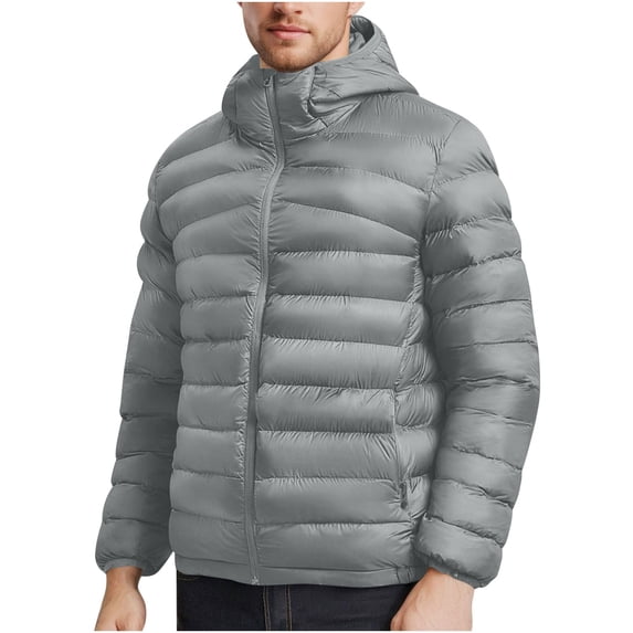 ZCFZJW Mens Packable Puffer Jacket Lightweight Full Zip up Long Sleeve Hooded Insulated Winter Coat Windproof Zipper Down Jacket with Pockets(Storage Bag is Inclueded) Gray S