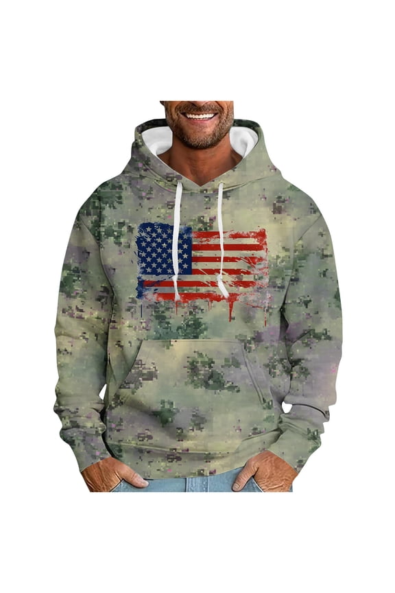 Mens Patriotic Hoodie Tops Casual Camo US Flag Pattern Print Long Sleeve Drawstring Hooded Pullover Sweatshirts Loose Lightweight Graphic T-Shirts with Pockets Army Green XL
