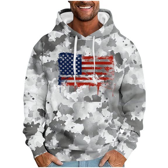 ZCFZJW Mens Patriotic Hoodie Tops Casual Camo US Flag Pattern Print Long Sleeve Drawstring Hooded Pullover Sweatshirts Loose Lightweight Graphic T-Shirts with Pockets Gray XXL