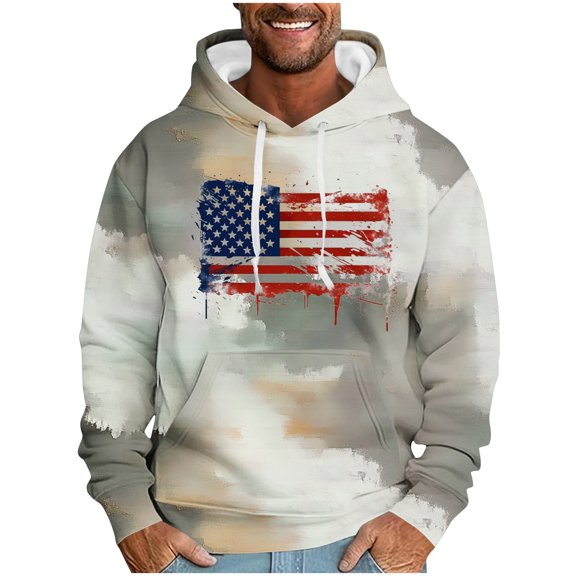 ZCFZJW Mens Patriotic Hoodie Tops Casual Camo US Flag Pattern Print Long Sleeve Drawstring Hooded Pullover Sweatshirts Loose Lightweight Graphic T-Shirts with Pockets Khaki XXXL
