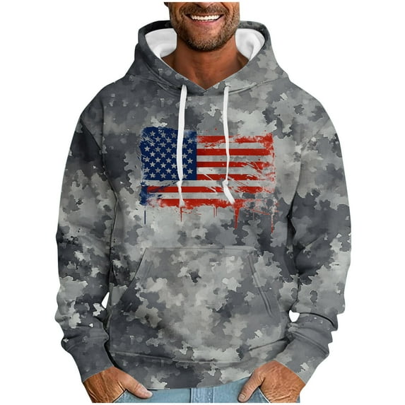 ZCFZJW Mens Patriotic Hoodie Tops Casual Camo US Flag Pattern Print Long Sleeve Drawstring Hooded Pullover Sweatshirts Loose Lightweight Graphic T-Shirts with Pockets Black M