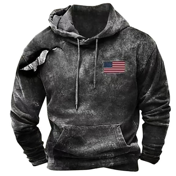 ZCFZJW Mens Patriotic Sweatshirts Vintage USA Flag Pattern Print Long Sleeve Casual Drawstring Hooded Pullover Tops Lightweight Comfy Athletic Workout Hoodie Outwear with Pockets Black L