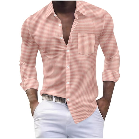 ZCFZJW Mens Plaid Button Down Shirt Long Sleeve Dress Shirts for Men Casual Wrinkle Free Regular Fit Work Business T-Shirt with Pocket Pink M