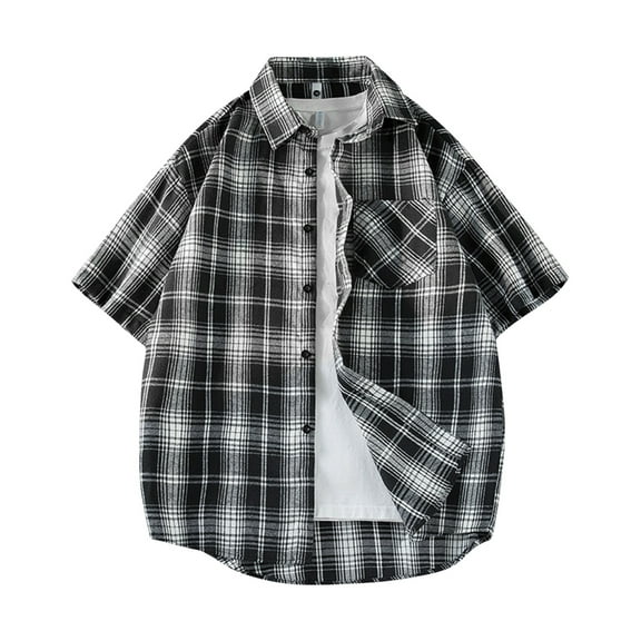 ZCFZJW Mens Plaid Button Down T-Shirts Classic Summer Short Sleeve Work Business Tops Loose Soft Cotton Regular Fit Casual Gingham Shirts with Pockets Black XXL