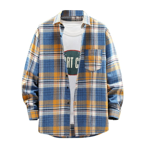 ZCFZJW Mens Plaid Shirts Casual Long Sleeve Button Down Cotton Leisure Shirt Lightweight Thin Flannel Jackets Tops Outwear with Pockets Z#03-Dark Blue XXXL
