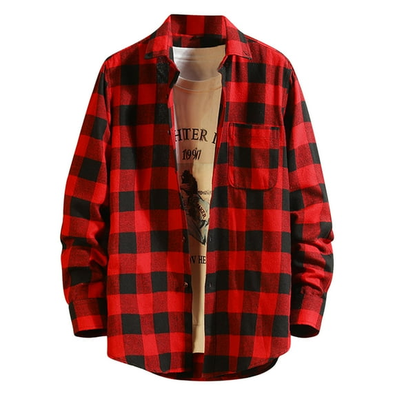 ZCFZJW Mens Plaid Shirts Casual Long Sleeve Button Down Cotton Leisure Shirt Lightweight Thin Flannel Jackets Tops Outwear with Pockets Red M