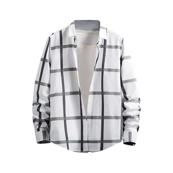 ZCFZJW Mens Plaid Shirts Casual Long Sleeve Button Down Cotton Leisure Shirt Lightweight Thin Flannel Jackets Tops Outwear with Pockets Z#02-White L