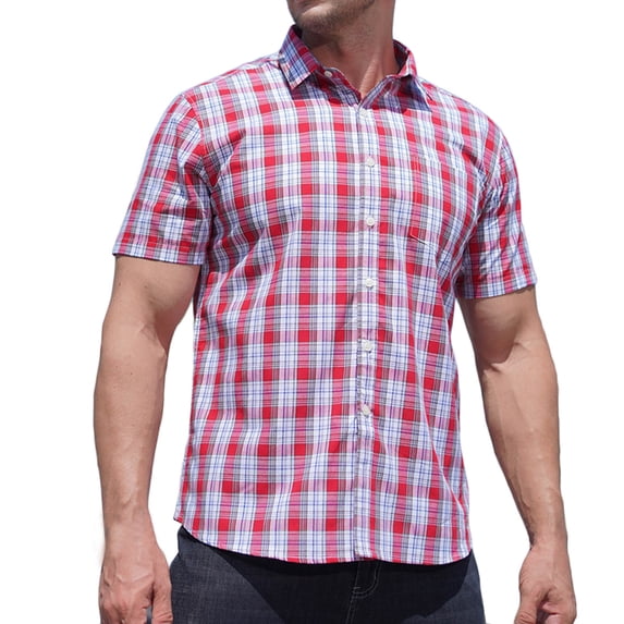 ZCFZJW Mens Plaid Shirts Casual Summer Short Sleeve Button Down Graphic Tees Shirt Lightweight Cool Big and Tall Regular Fit Soft Cotton T-Shirt Tops Red XXXXXXL