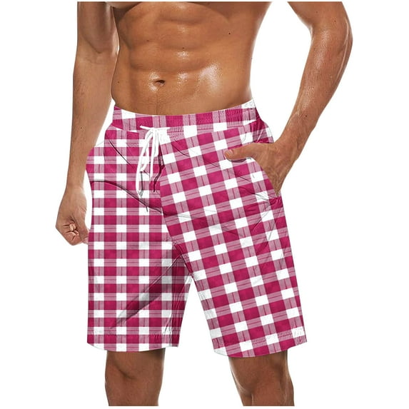ZCFZJW Mens Plaid Swim Trunks Lightweight Casual Drawstring Elastic Waist Swim Shorts Quick Dry Mens Swimsuit Board Shorts with Pockets Hot Pink S