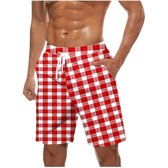 ZCFZJW Mens Plaid Swim Trunks Lightweight Casual Drawstring Elastic Waist Swim Shorts Quick Dry Mens Swimsuit Board Shorts with Pockets Red L