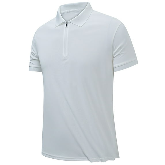ZCFZJW Mens Pola Shirts Quick Drying Summer Short Sleeve Zipper V Neck Solid Color Workout Tee Shirt Lapel Casual Slim Stretch Sport T-Shirt Top White M