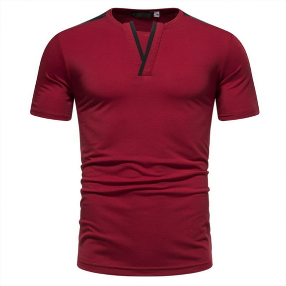 ZCFZJW Mens Pola Shirts Trendy Summer Short Sleeve Casual V Neck Solid Color Pullover T-Shirts Regular Fit Comfy Tshirt Tops Wine XL