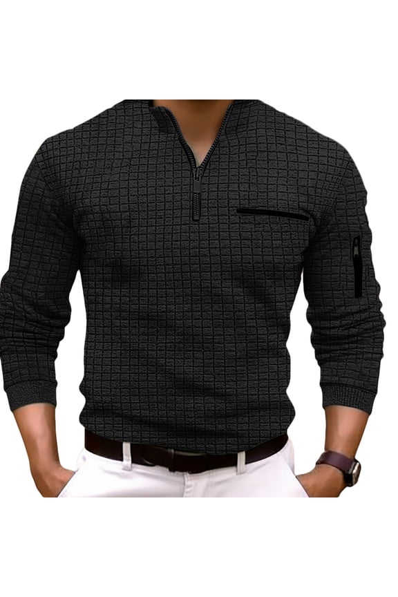 Mens Polo Shirts Casual Long Sleeve Solid Color Half Zip up Henley Shirts Trendy Regular Fit Comfy Pullover Sweatshirts with Multi-Pockets Black L