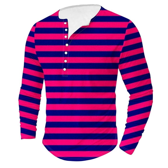 ZCFZJW Mens Polo Shirts Casual Striped Block Print Long Sleeve Button up Round Neck Henley Shirts Loose Lightweight Soft Cotton T-Shirts Hot Pink S