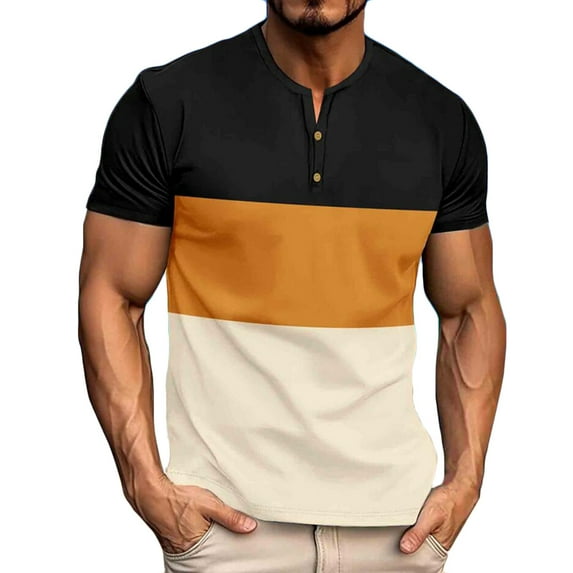 ZCFZJW Mens Polo Shirts Casual Summer Short Sleeve Striped Color Block Print Button Henley Tops Loose Lightweight Regular Fit Comfy Basic Tees Shirt Yellow XL