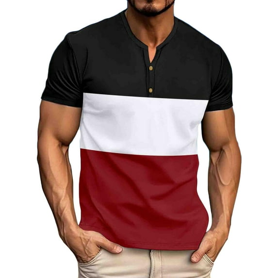 ZCFZJW Mens Polo Shirts Casual Summer Short Sleeve Striped Color Block Print Button Henley Tops Loose Lightweight Regular Fit Comfy Basic Tees Shirt Red XL