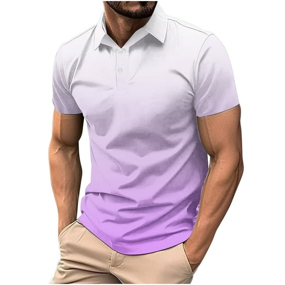 ZCFZJW Mens Polo Shirts Casual Tie Dye Gradient Print Short Sleeve 1/4 Button up V Neck Henley Shirts Loose Classic Fit Workout Athletic Tees Tops Purple XXL