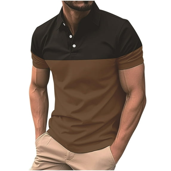 ZCFZJW Mens Polo Shirts Short Sleeve Regular Fit Performance Moisture Wicking Casual Collared Color Block Golf Polo Shirts for Men Coffee XXL