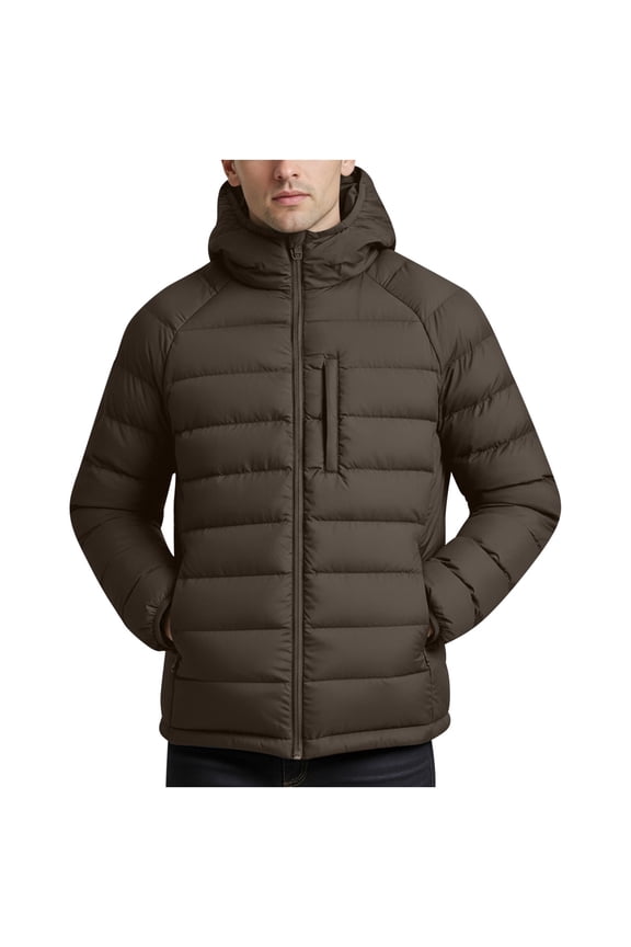 Mens Puffer Jacket with Hood Packable Lightweight Winter Full Zip up Long Sleeve Thermal Warm Hooded Coat Quilted Windproof Bubble Jackets with Multi Pockets Brown XL