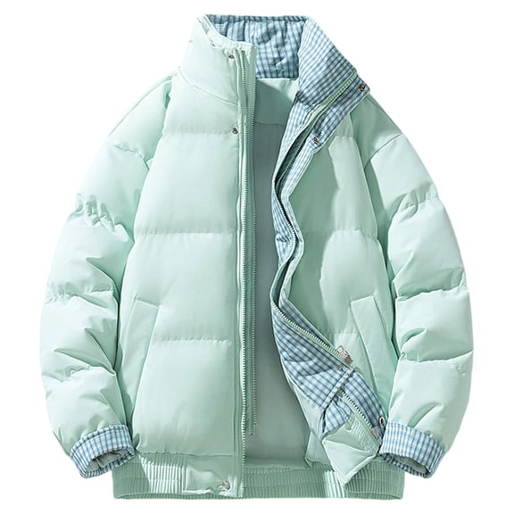 ZCFZJW Mens Puffer Jackets Lightweight Warm Winter Coats Stand Collar Full Zip up Plaid Patchwork Long Sleeve Windproof Insulated Jacket with Pockets Mint Green XXXL
