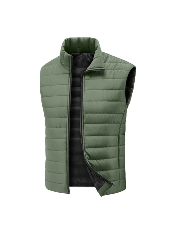 Mens Puffer Vest Quilted Outerwear Winter Warm Down Puffy Vests Lightweight Casual Full Zip up Stand Collar Sleeveless Padded Jacket with Pockets Green XXL
