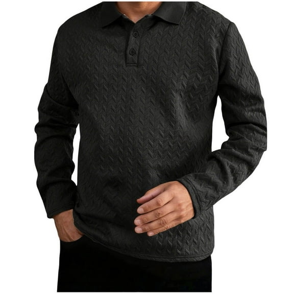 ZCFZJW Mens Quarter Button up Sweatshirt Quilted Long Sleeve Mock Neck Active Sweater Waffle Knitted Pullover Polo Shirts With Pockets Black XL