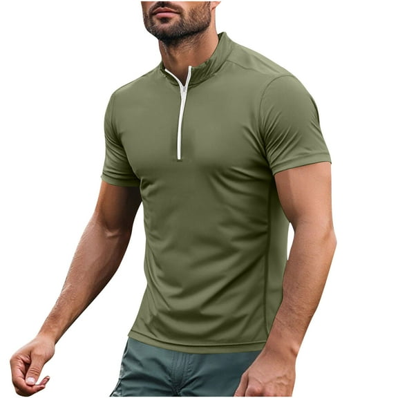 ZCFZJW Mens Quarter-Zip Mock Neck Polo Shirts Trendy Solid Color Basic Slim Fit Short Sleeve Athletic T-Shirt Henley Shirt Army Green XXL