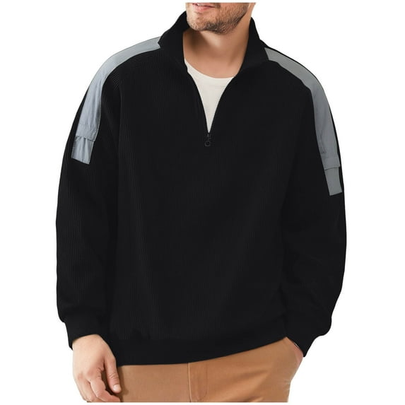 ZCFZJW Mens Quarter Zip Pullover Sweater Tops Lightweight Sweater Casual Patchwork Long Sleeve Corduroy Half Zip Sweatshirt Black XL