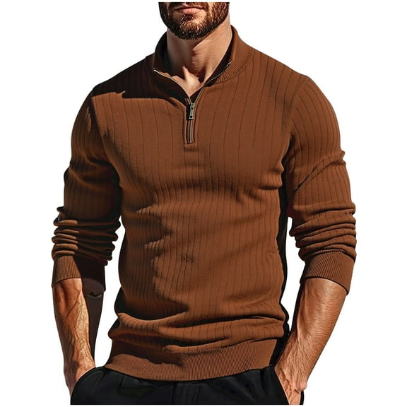 ZCFZJW Mens Quarter Zip Pullover Sweaters Trendy 2025 Mock Neck Slim Fit Lightweight Casual Fall Striped Knitted Sweater Tops Brown XXL