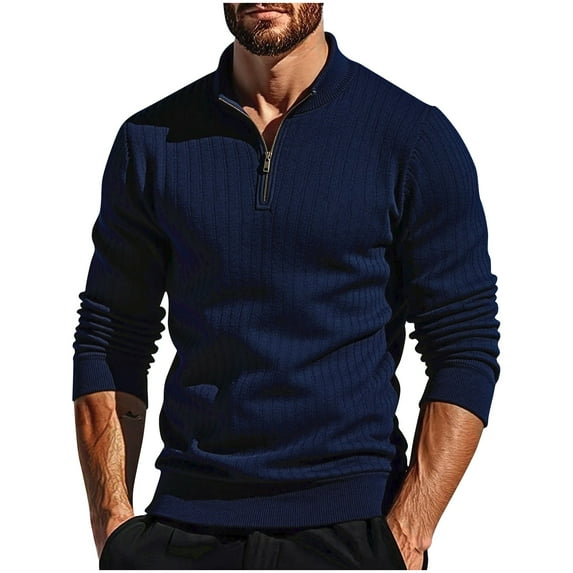 ZCFZJW Mens Quarter Zip Pullover Sweaters Trendy 2025 Mock Neck Slim Fit Lightweight Casual Fall Striped Knitted Sweater Tops Navy L