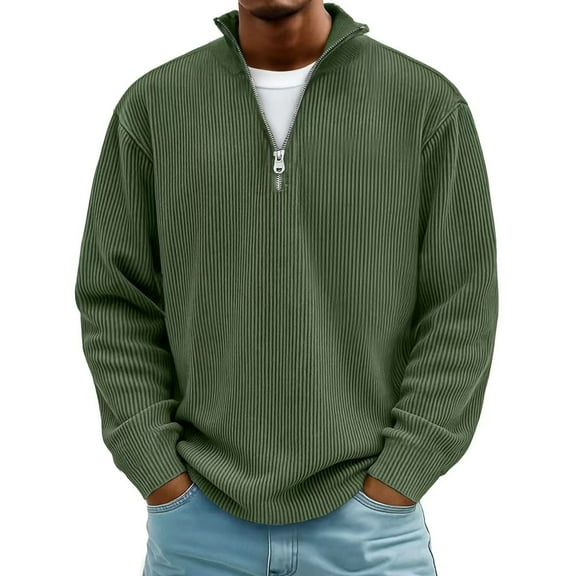 ZCFZJW Mens Quarter Zip Sweater Trendy Fall Winter Thick Mock Neck Pullover Ribbed Knit Casual Big and Tall Regular Fit Lightweight Polo Sweaters Army Green XL