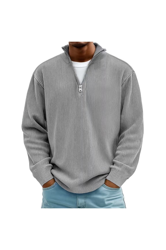 Mens Quarter Zip Sweater Trendy Fall Winter Thick Mock Neck Pullover Ribbed Knit Casual Big and Tall Regular Fit Lightweight Polo Sweaters Gray L