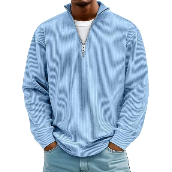 ZCFZJW Mens Quarter Zip Sweater Trendy Fall Winter Thick Mock Neck Pullover Ribbed Knit Casual Big and Tall Regular Fit Lightweight Polo Sweaters Sky Blue L