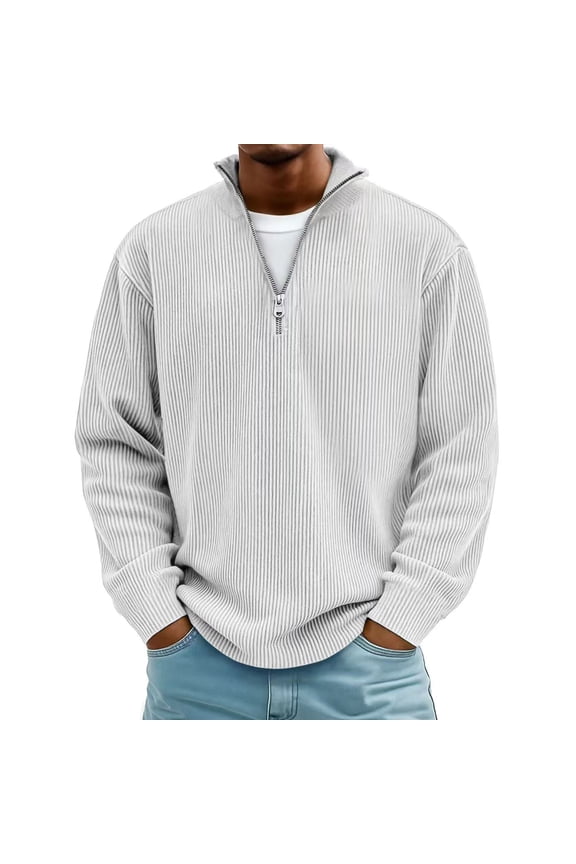 Mens Quarter Zip Sweater Trendy Fall Winter Thick Mock Neck Pullover Ribbed Knit Casual Big and Tall Regular Fit Lightweight Polo Sweaters White XXXL