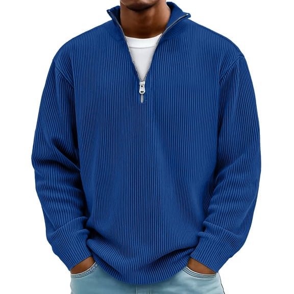 ZCFZJW Mens Quarter Zip Sweater Trendy Fall Winter Thick Mock Neck Pullover Ribbed Knit Casual Big and Tall Regular Fit Lightweight Pullover Sweaters Blue XL