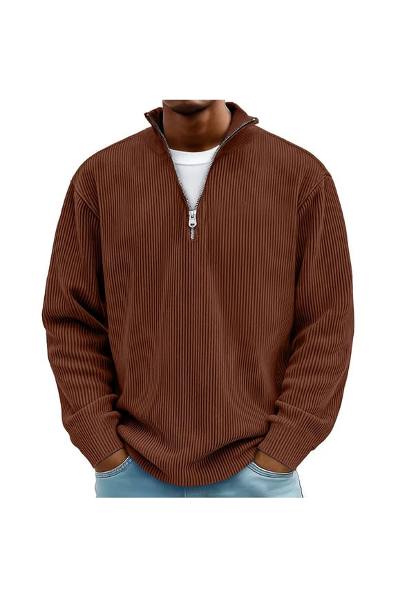 Mens Quarter Zip Sweater Trendy Fall Winter Thick Mock Neck Pullover Ribbed Knit Casual Big and Tall Regular Fit Lightweight Pullover Sweaters Brown XXXL