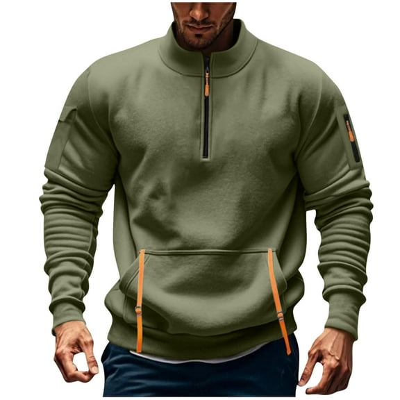 ZCFZJW Mens Quarter Zip Tactical Sweatshirts Casual Fall Long Sleeve Mock Neck Pullover Golf Polo Sweater Fishing Cargo Sports Hoodless Shirts with Pockets Army Green XXL