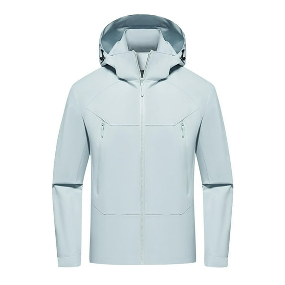 ZCFZJW Mens Rain Jacket Waterproof with Detachable Hood Trendy Fall Winter Big and Tall Long Sleeve Hiking Coat Lightweight Windbreaker with Pockets Light Blue XXXXXXL