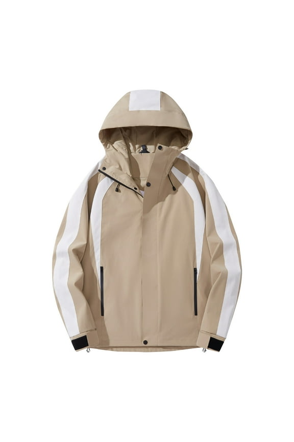 Mens Rain Jacket Waterproof with Hooded Hiking Coat Lightweight Windbreaker Casual Striped Color Block Print Hoodie Outerwear with Pockets Khaki XXL