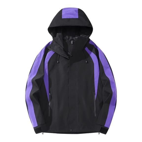 ZCFZJW Mens Rain Jacket Waterproof with Hooded Hiking Coat Lightweight Windbreaker Casual Striped Color Block Print Hoodie Outerwear with Pockets Purple XXXL