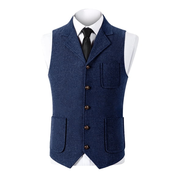 ZCFZJW Mens Retro Suit Vest Vintage Single Breasted Button Tweed Wool Regular Fit Dress Waistcoat Herringbone for Jacket Dark Blue XS